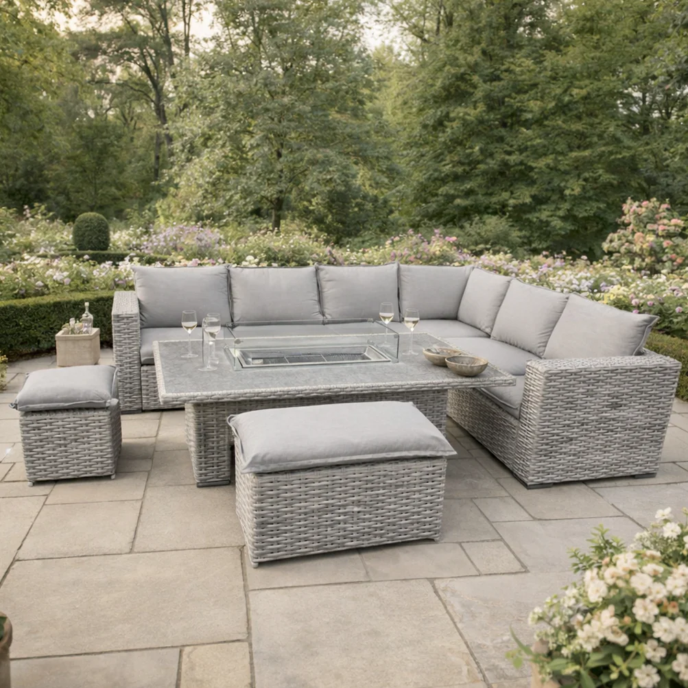 Grey Rattan 6 Piece Rectangular Garden Corner Adjustable Firepit Dining Set - Image 2