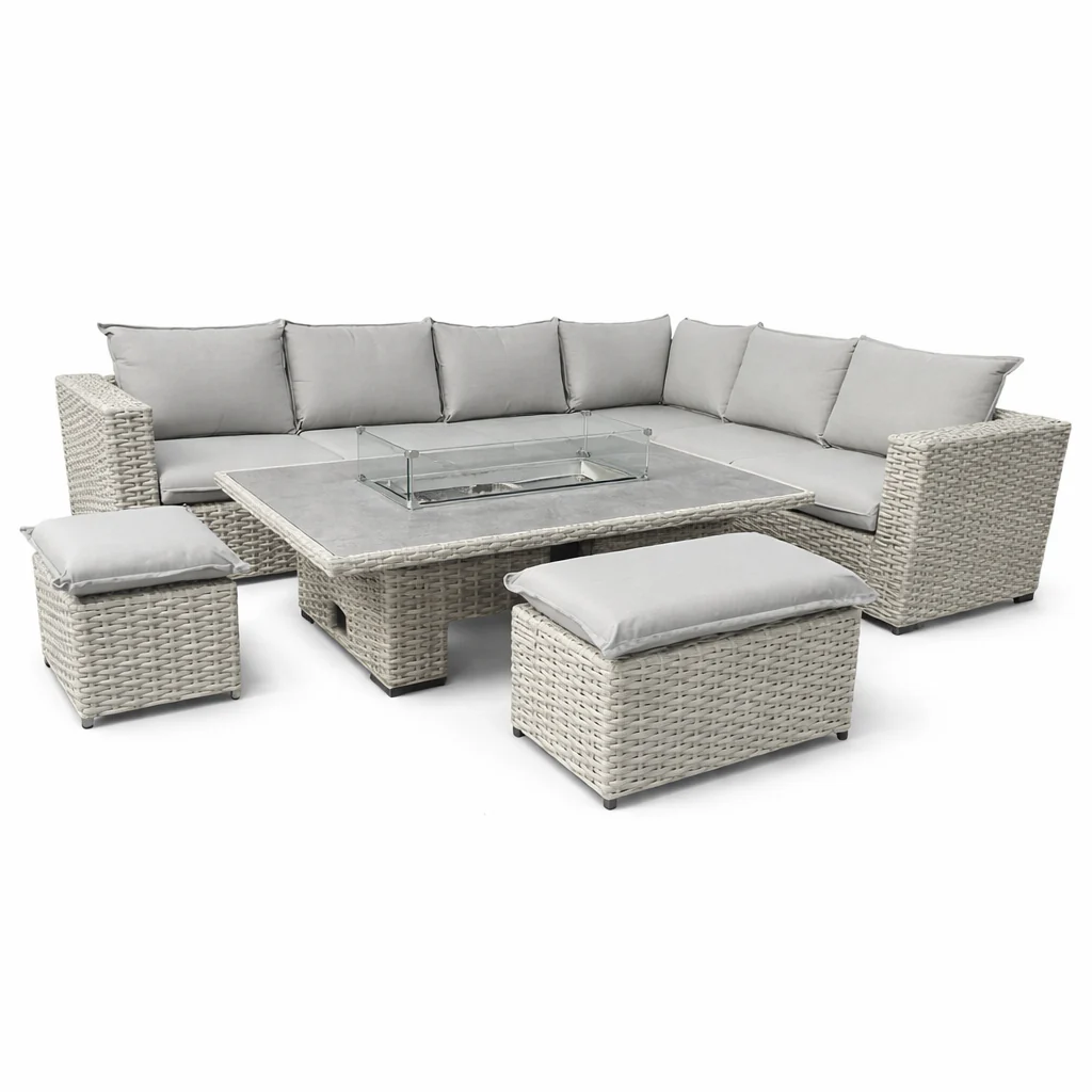 Grey Rattan 6 Piece Rectangular Garden Corner Adjustable Firepit Dining Set - Image 3