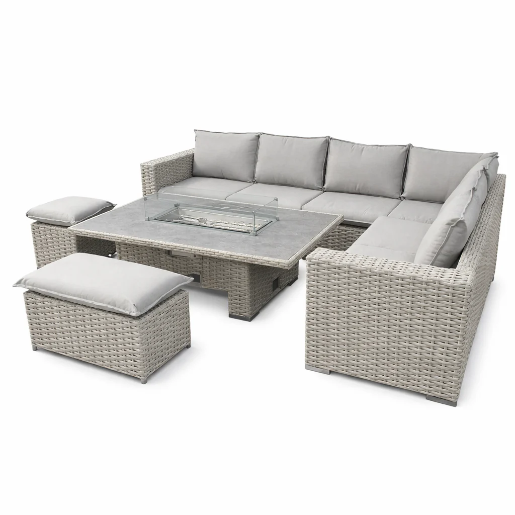 Grey Rattan 6 Piece Rectangular Garden Corner Adjustable Firepit Dining Set - Image 4