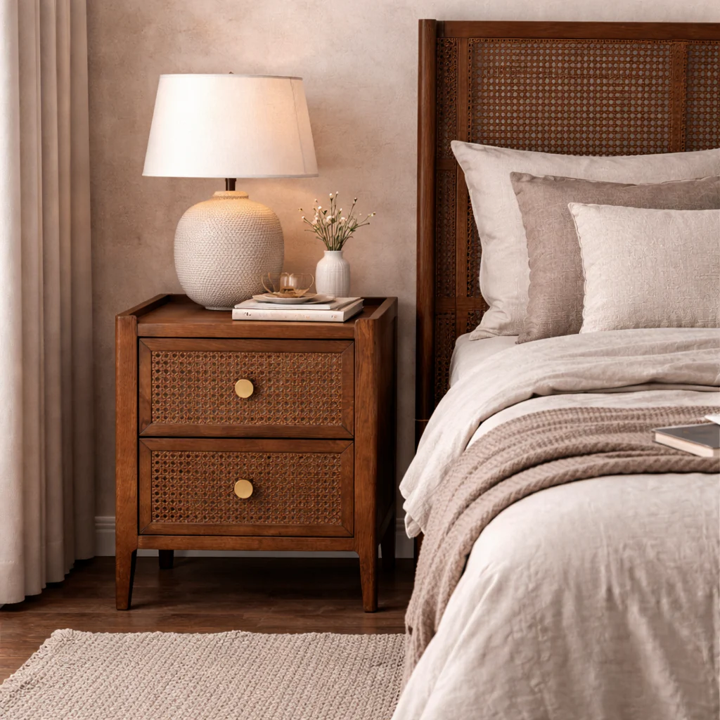 Lombok Walnut Rattan 2 Drawer Bedside Table - Image 2