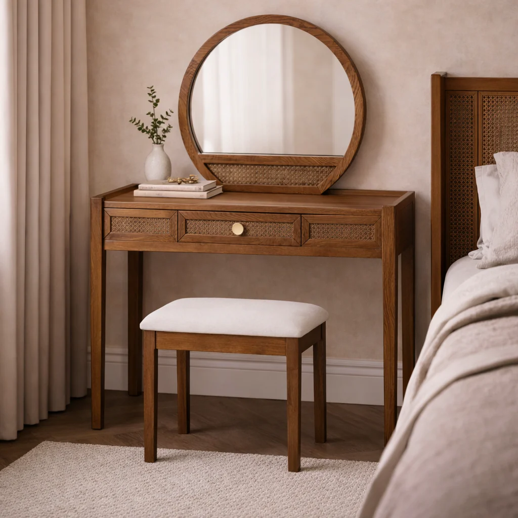Lombok Walnut Rattan Dressing Table, Mirror & Stool Set